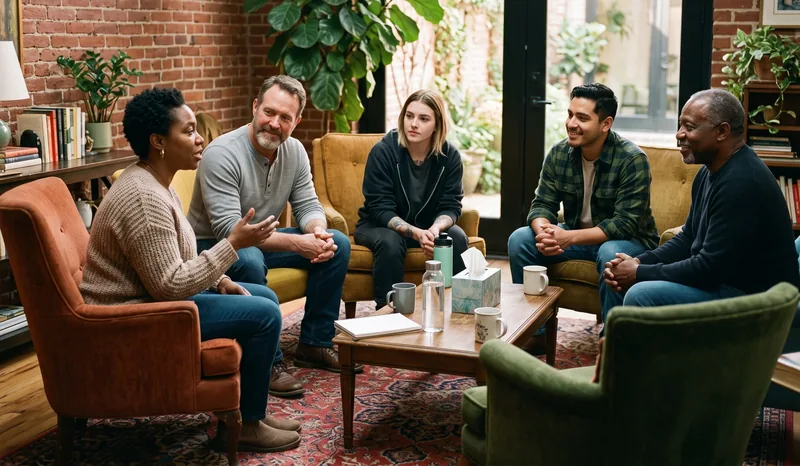 A diverse HearthWell group therapy session, people seated in a circle supporting one another